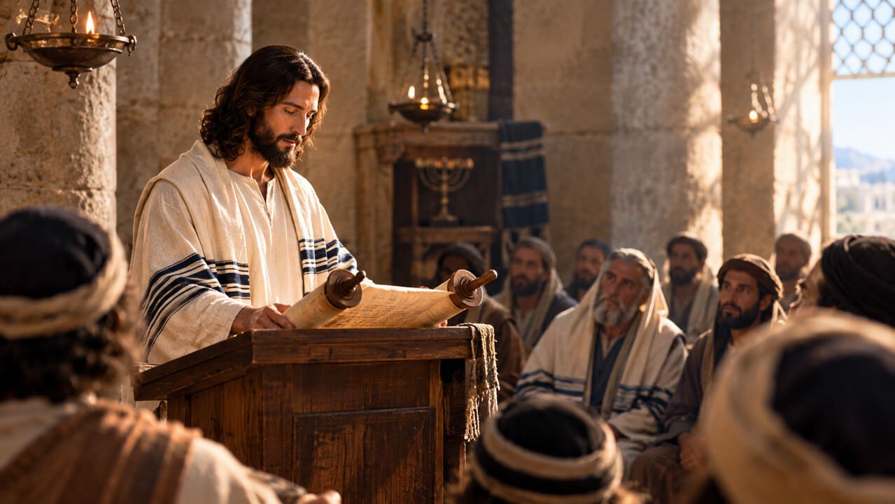 Lucas 4:16 – Jesus na sinagoga ao sábado lendo as Escrituras Sagradas