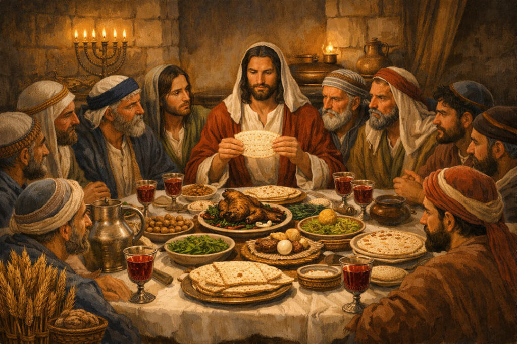 Representação de Jesus e seus discípulos comendo o jantar da páscoa bíblica (Pêssar), Mateus 26 e Lucas 22.