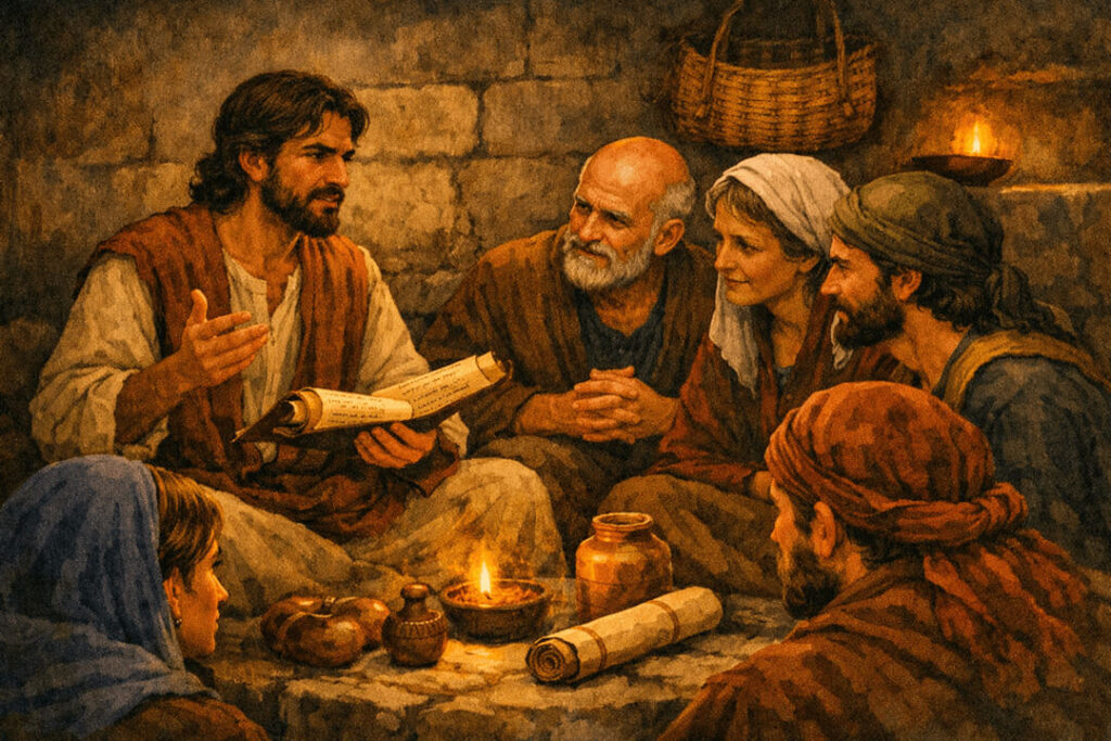 um discípulo de Jesus ensinando as Escrituras Sagradas a outros discípulos, início da formação da chamada seita dos nazarenos