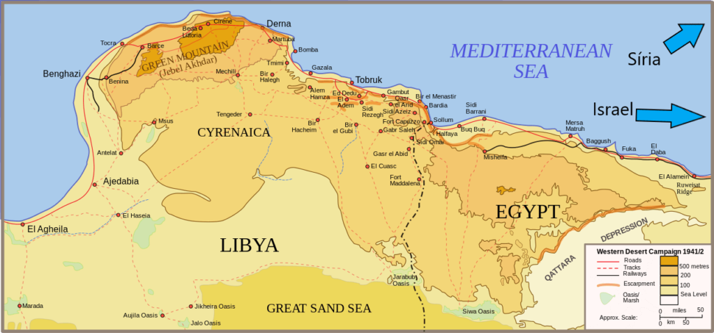Mapa com destaque em Cirenaica, Egito e Líbia.