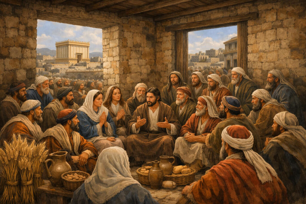 Discípulos de Jesus reunidos em Jerusalém para celebração da festa de shavuot (semanas) ou Pentecostes.