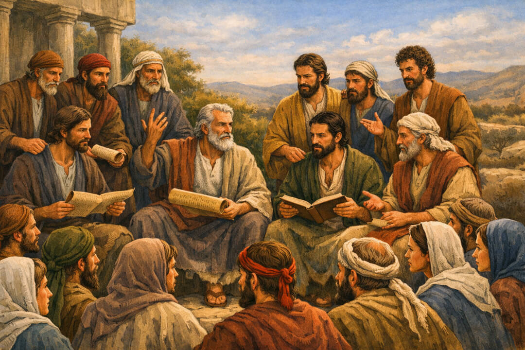 Imagem ilustrativa dos discípulos e apóstolos de Jesus ensinando a Bíblia (escrituras sagradas) representando a seita dos nazarenos que eles formavam.