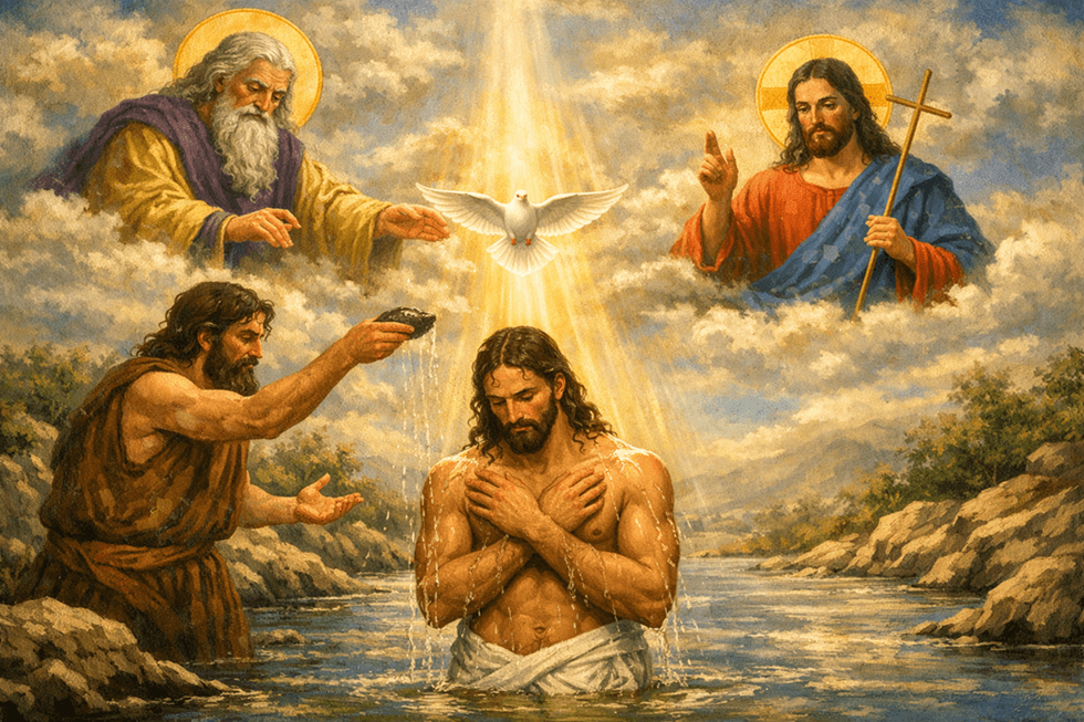 representação ilustrativa do batismo de Jesus por João (Mateus 3:13-17), onde diz-se que a santíssima trindade aparece