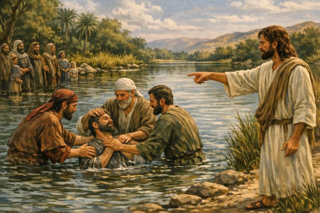 Jesus ensinando seus discípulos a batizar/imergir em seu nome, conforme versículos de João 4:1-2.